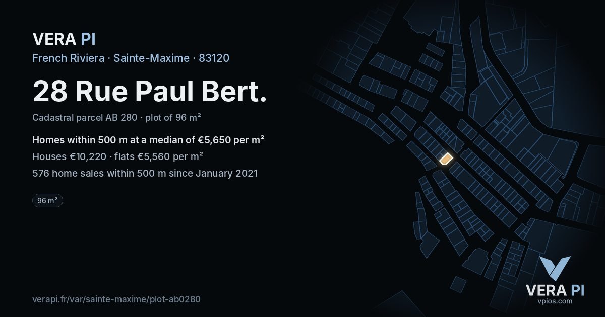 28 Rue Paul Bert, Sainte-Maxime at night – the plot lit, the parcels around coloured by the prices near them