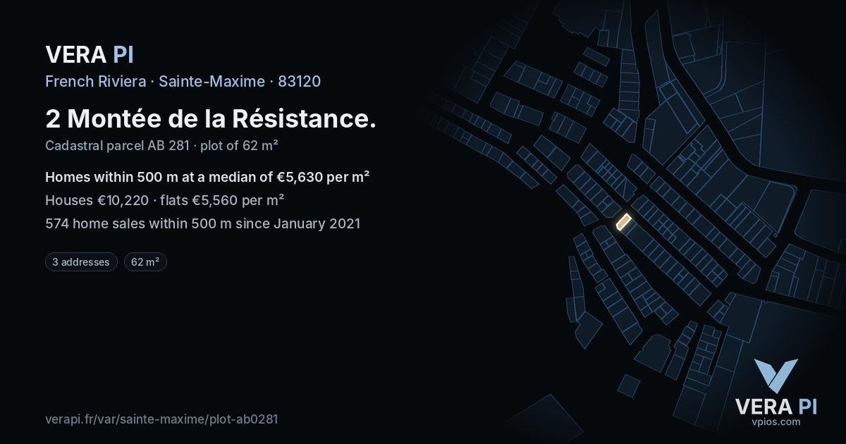 2 Montée de la Résistance, Sainte-Maxime at night – the plot lit, the parcels around coloured by the prices near them