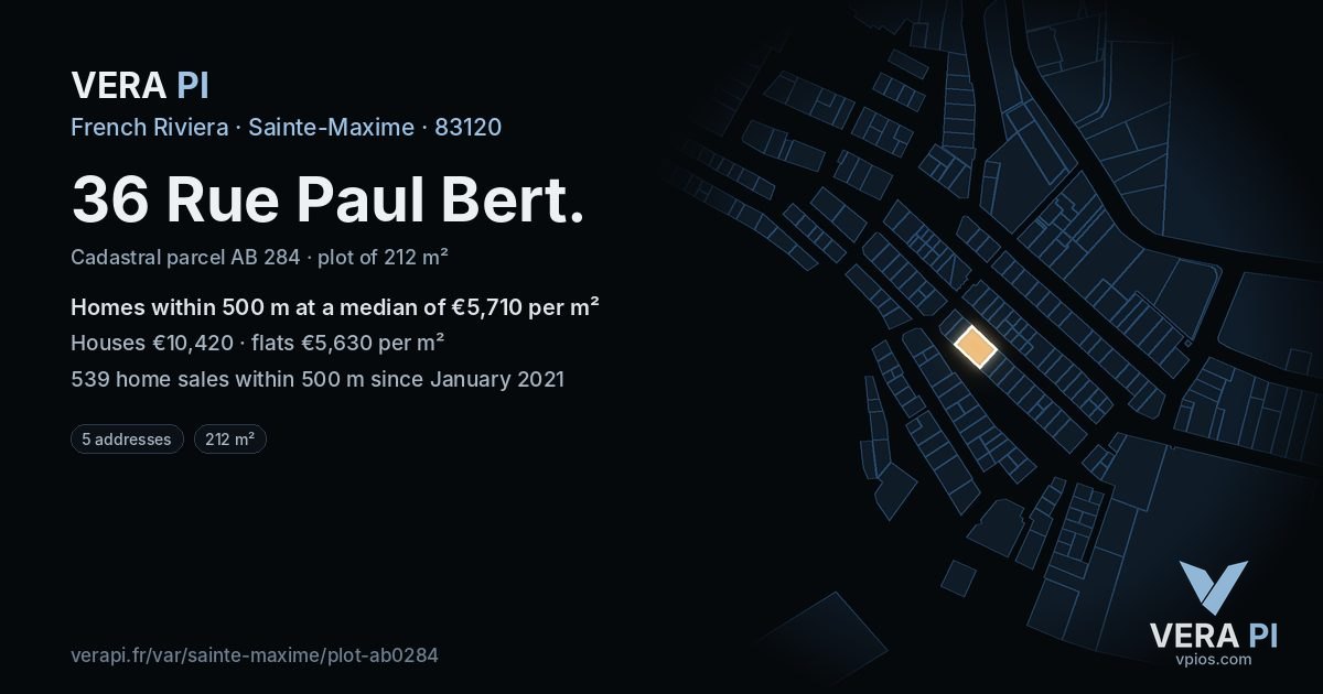 36 Rue Paul Bert, Sainte-Maxime at night – the plot lit, the parcels around coloured by the prices near them