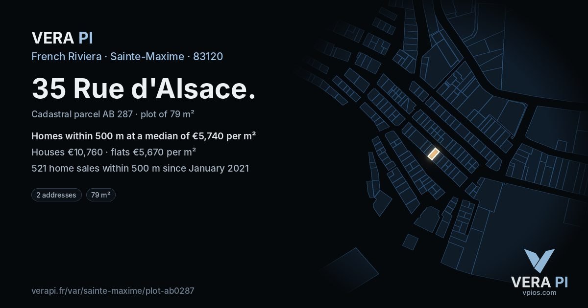 35 Rue d'Alsace, Sainte-Maxime at night – the plot lit, the parcels around coloured by the prices near them