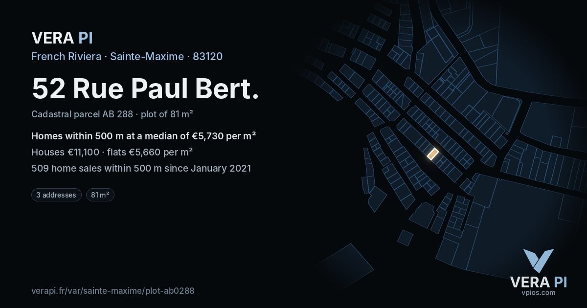 52 Rue Paul Bert, Sainte-Maxime at night – the plot lit, the parcels around coloured by the prices near them