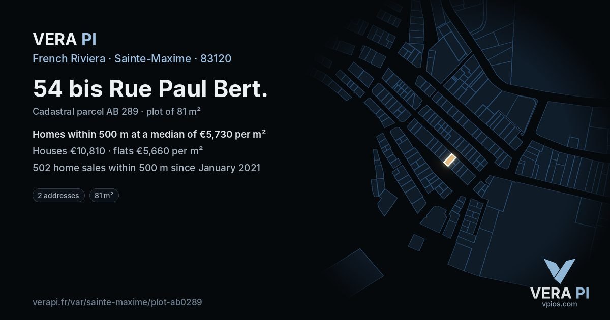 54 bis Rue Paul Bert, Sainte-Maxime at night – the plot lit, the parcels around coloured by the prices near them