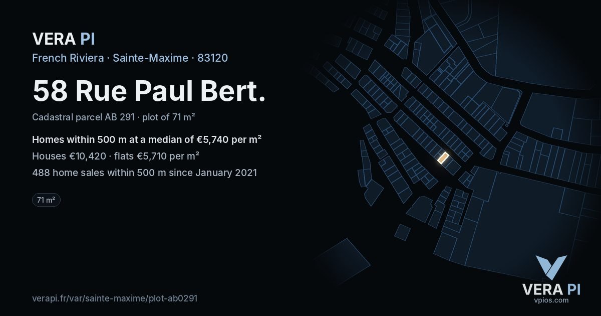 58 Rue Paul Bert, Sainte-Maxime at night – the plot lit, the parcels around coloured by the prices near them