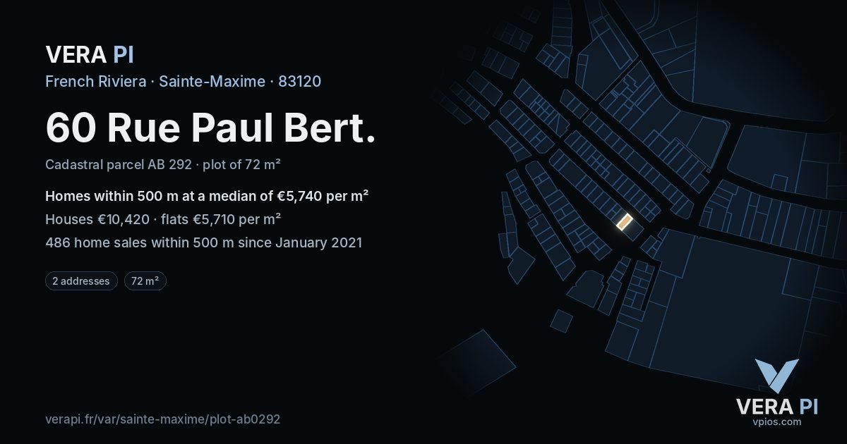 60 Rue Paul Bert, Sainte-Maxime at night – the plot lit, the parcels around coloured by the prices near them