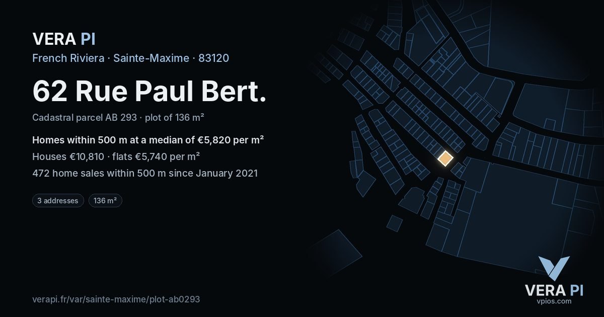62 Rue Paul Bert, Sainte-Maxime at night – the plot lit, the parcels around coloured by the prices near them