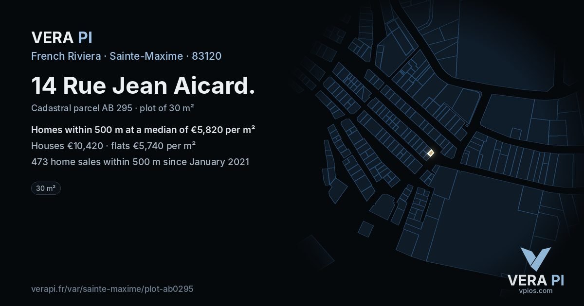 14 Rue Jean Aicard, Sainte-Maxime at night – the plot lit, the parcels around coloured by the prices near them