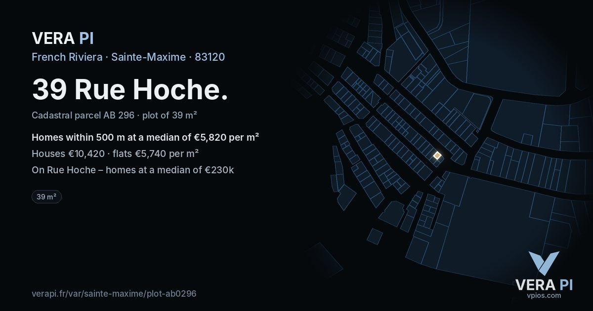 39 Rue Hoche, Sainte-Maxime at night – the plot lit, the parcels around coloured by the prices near them