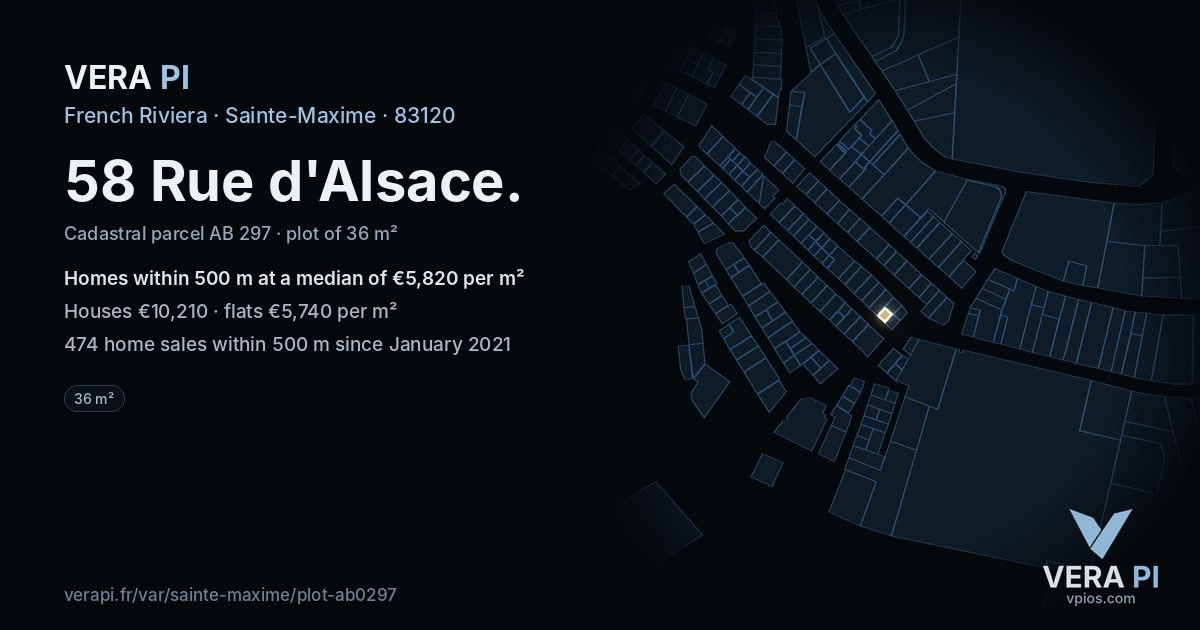 58 Rue d'Alsace, Sainte-Maxime at night – the plot lit, the parcels around coloured by the prices near them