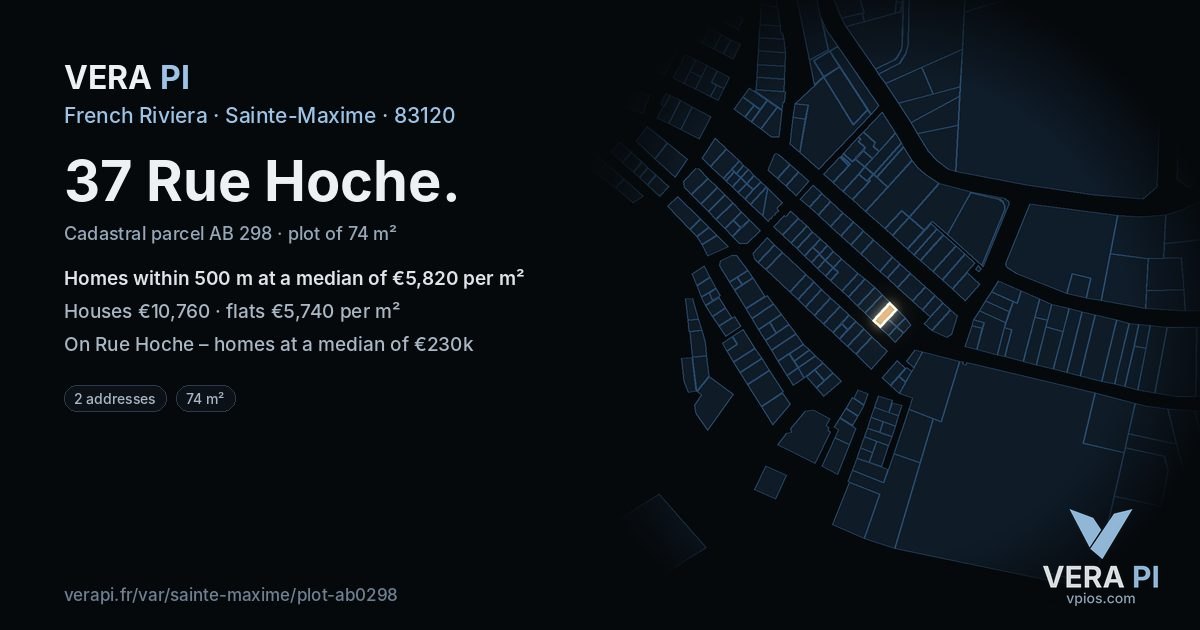 37 Rue Hoche, Sainte-Maxime at night – the plot lit, the parcels around coloured by the prices near them