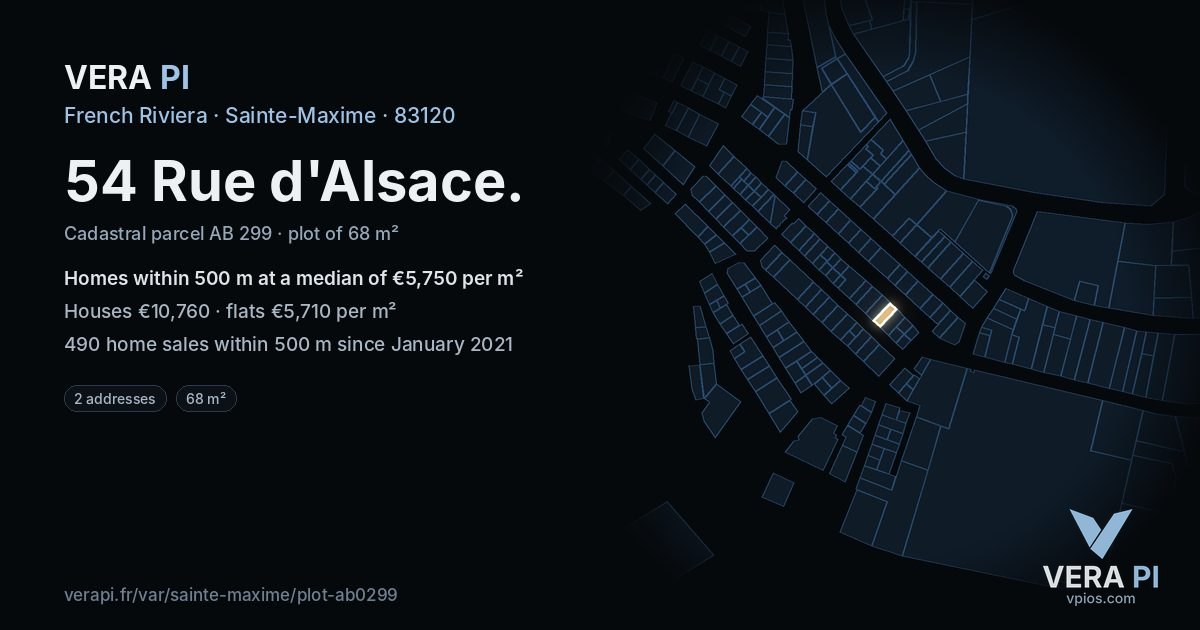54 Rue d'Alsace, Sainte-Maxime at night – the plot lit, the parcels around coloured by the prices near them
