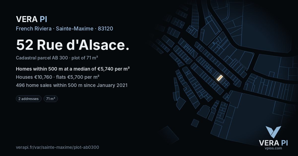 52 Rue d'Alsace, Sainte-Maxime at night – the plot lit, the parcels around coloured by the prices near them