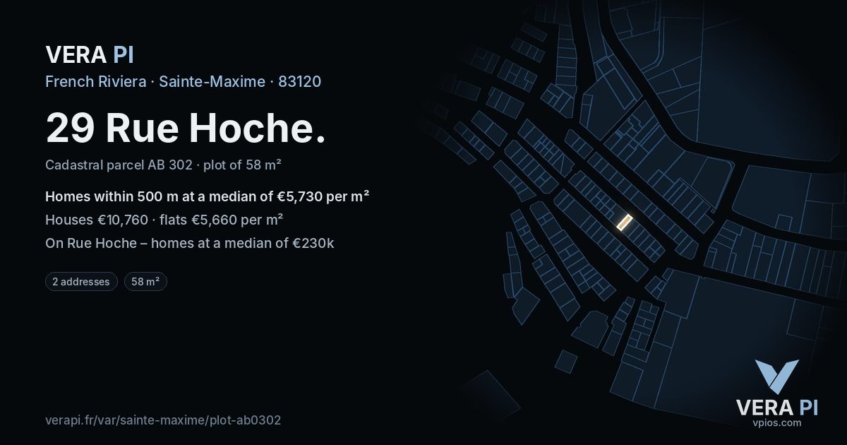 29 Rue Hoche, Sainte-Maxime at night – the plot lit, the parcels around coloured by the prices near them