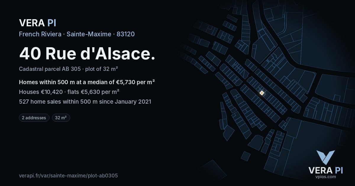 40 Rue d'Alsace, Sainte-Maxime at night – the plot lit, the parcels around coloured by the prices near them