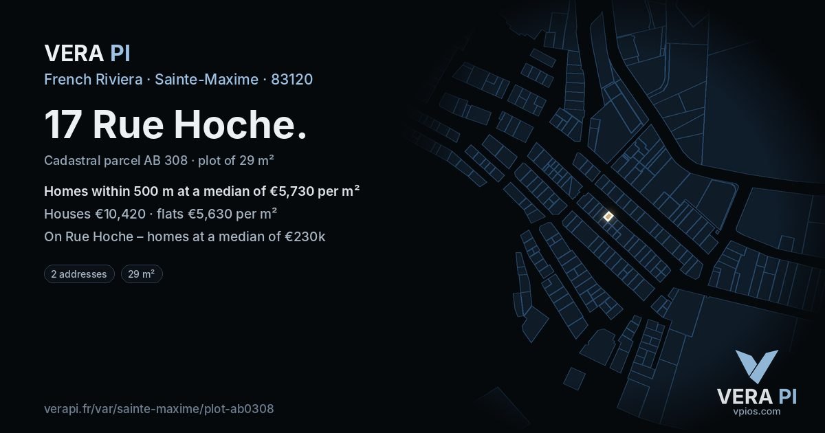 17 Rue Hoche, Sainte-Maxime at night – the plot lit, the parcels around coloured by the prices near them