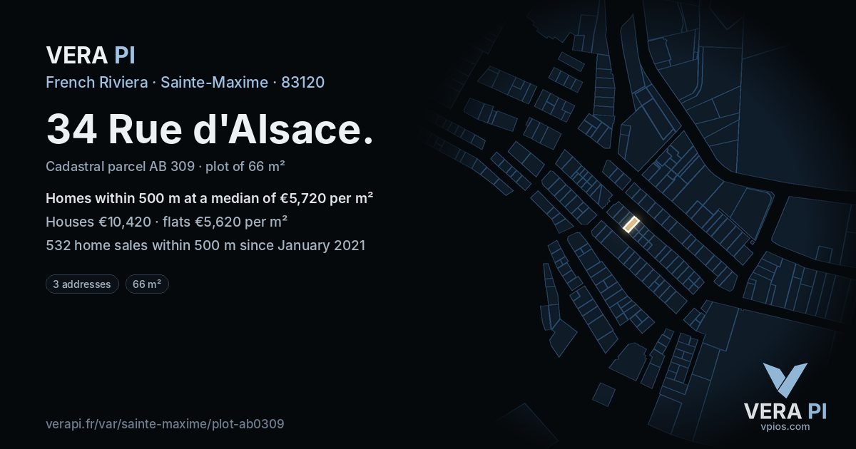 34 Rue d'Alsace, Sainte-Maxime at night – the plot lit, the parcels around coloured by the prices near them
