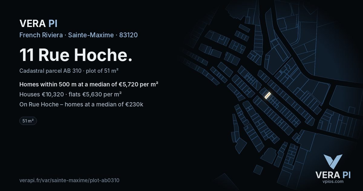11 Rue Hoche, Sainte-Maxime at night – the plot lit, the parcels around coloured by the prices near them