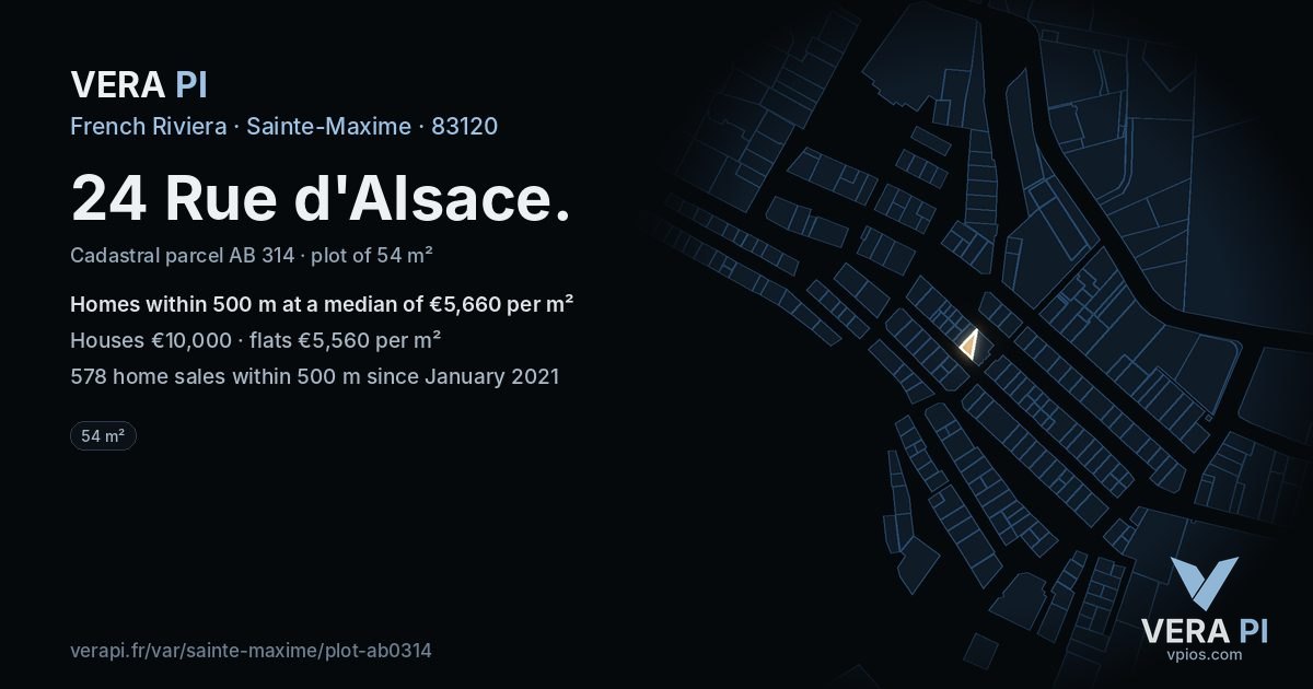 24 Rue d'Alsace, Sainte-Maxime at night – the plot lit, the parcels around coloured by the prices near them