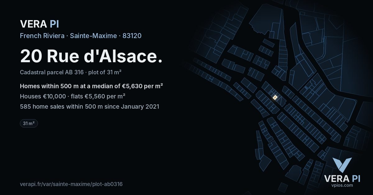 20 Rue d'Alsace, Sainte-Maxime at night – the plot lit, the parcels around coloured by the prices near them