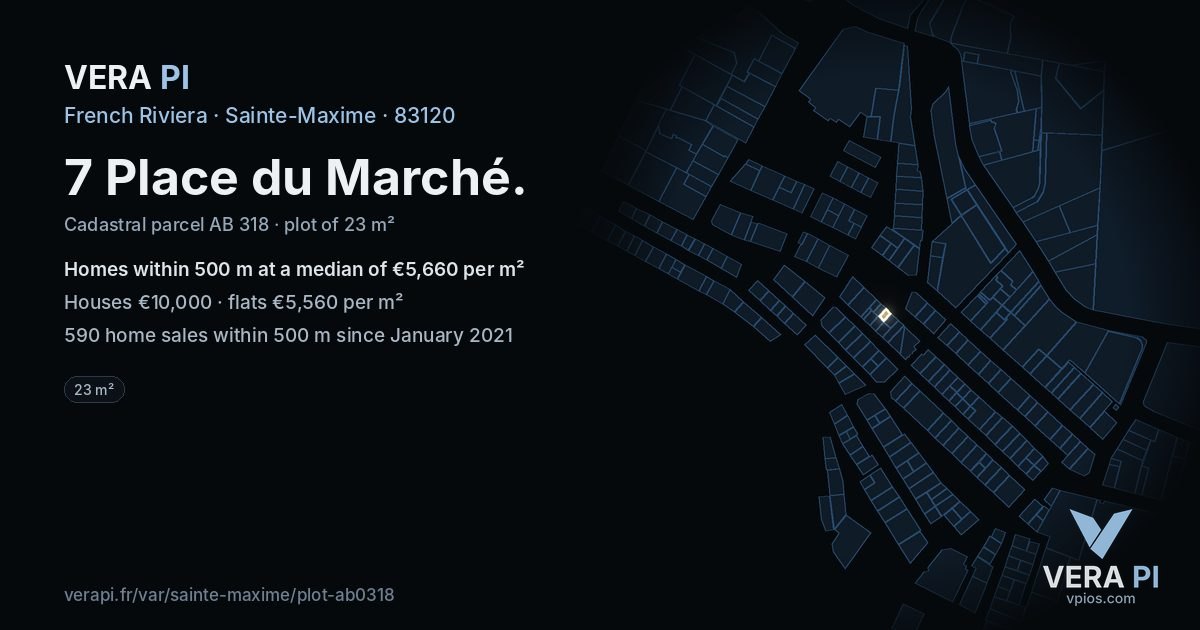 7 Place du Marché, Sainte-Maxime at night – the plot lit, the parcels around coloured by the prices near them