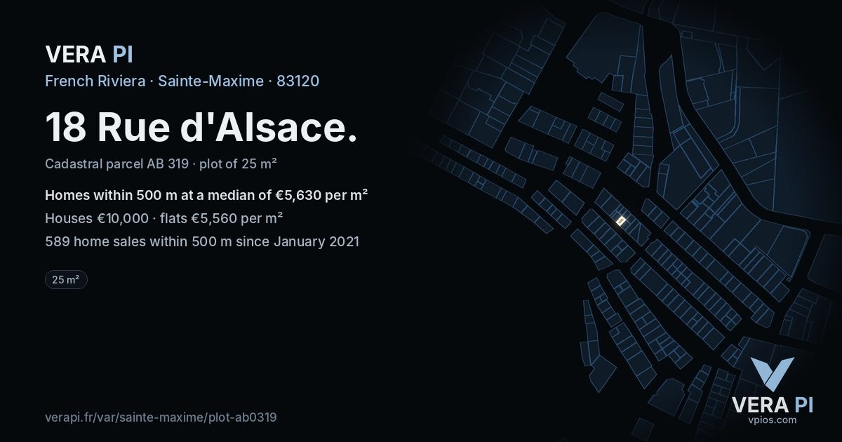 18 Rue d'Alsace, Sainte-Maxime at night – the plot lit, the parcels around coloured by the prices near them