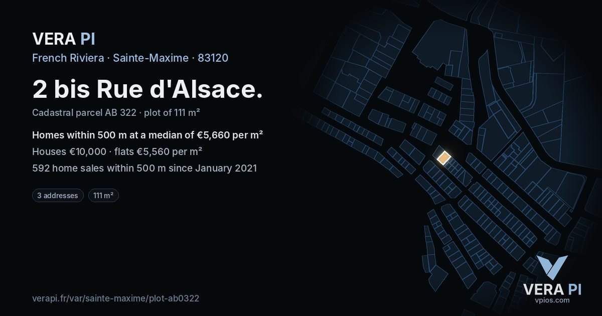 2 bis Rue d'Alsace, Sainte-Maxime at night – the plot lit, the parcels around coloured by the prices near them