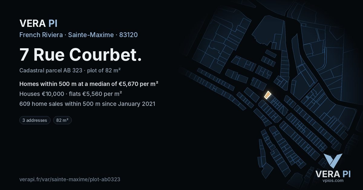 7 Rue Courbet, Sainte-Maxime at night – the plot lit, the parcels around coloured by the prices near them