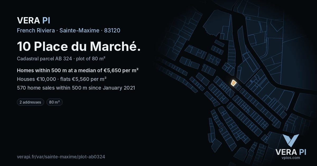 10 Place du Marché, Sainte-Maxime at night – the plot lit, the parcels around coloured by the prices near them