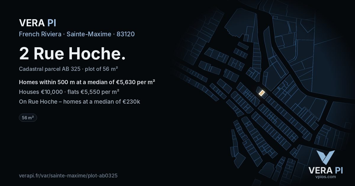 2 Rue Hoche, Sainte-Maxime at night – the plot lit, the parcels around coloured by the prices near them