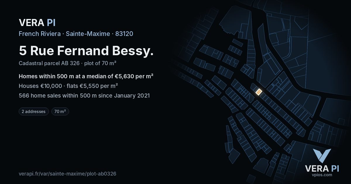 5 Rue Fernand Bessy, Sainte-Maxime at night – the plot lit, the parcels around coloured by the prices near them