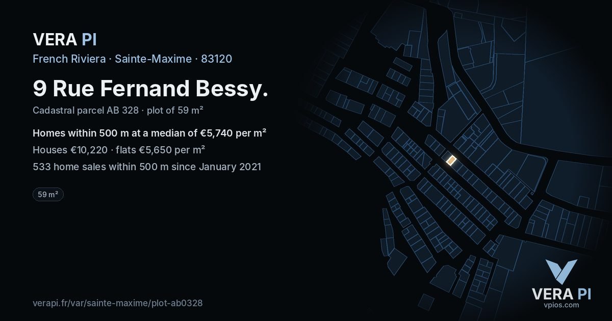 9 Rue Fernand Bessy, Sainte-Maxime at night – the plot lit, the parcels around coloured by the prices near them