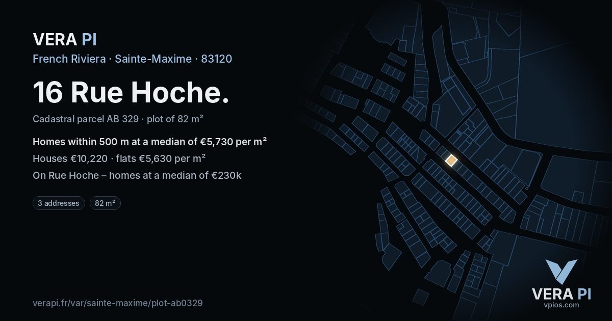 16 Rue Hoche, Sainte-Maxime at night – the plot lit, the parcels around coloured by the prices near them