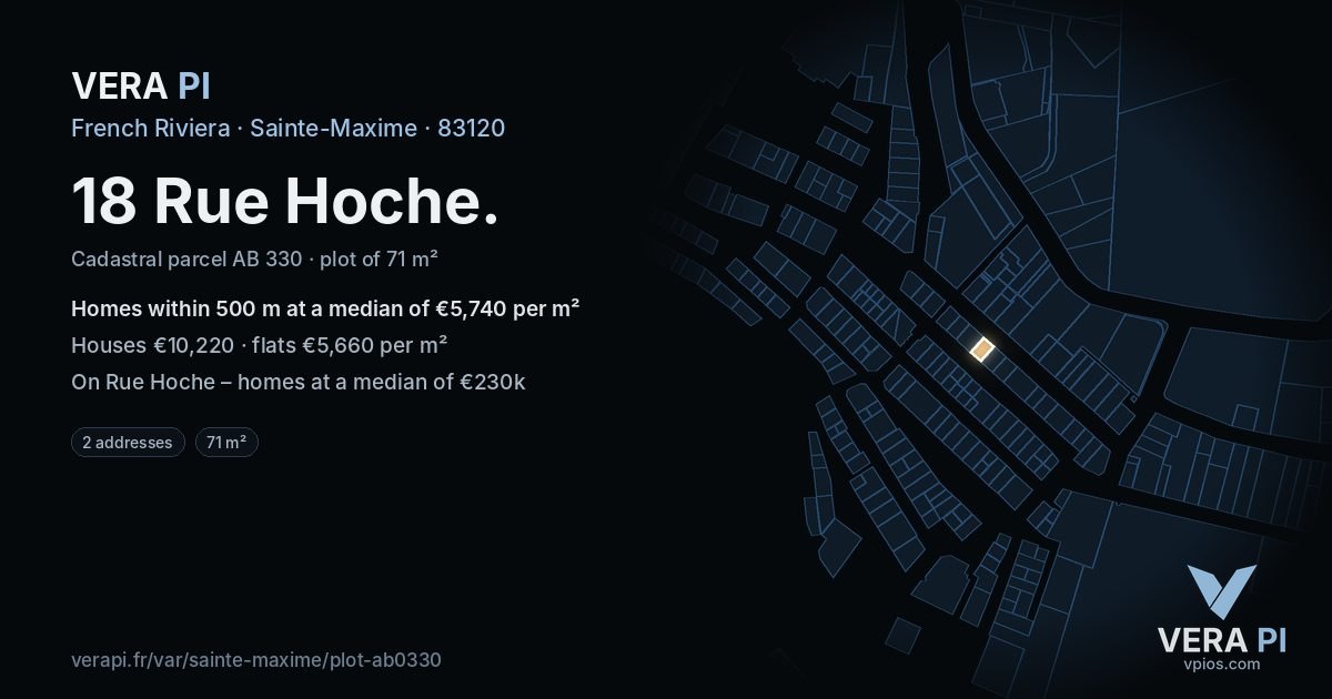 18 Rue Hoche, Sainte-Maxime at night – the plot lit, the parcels around coloured by the prices near them