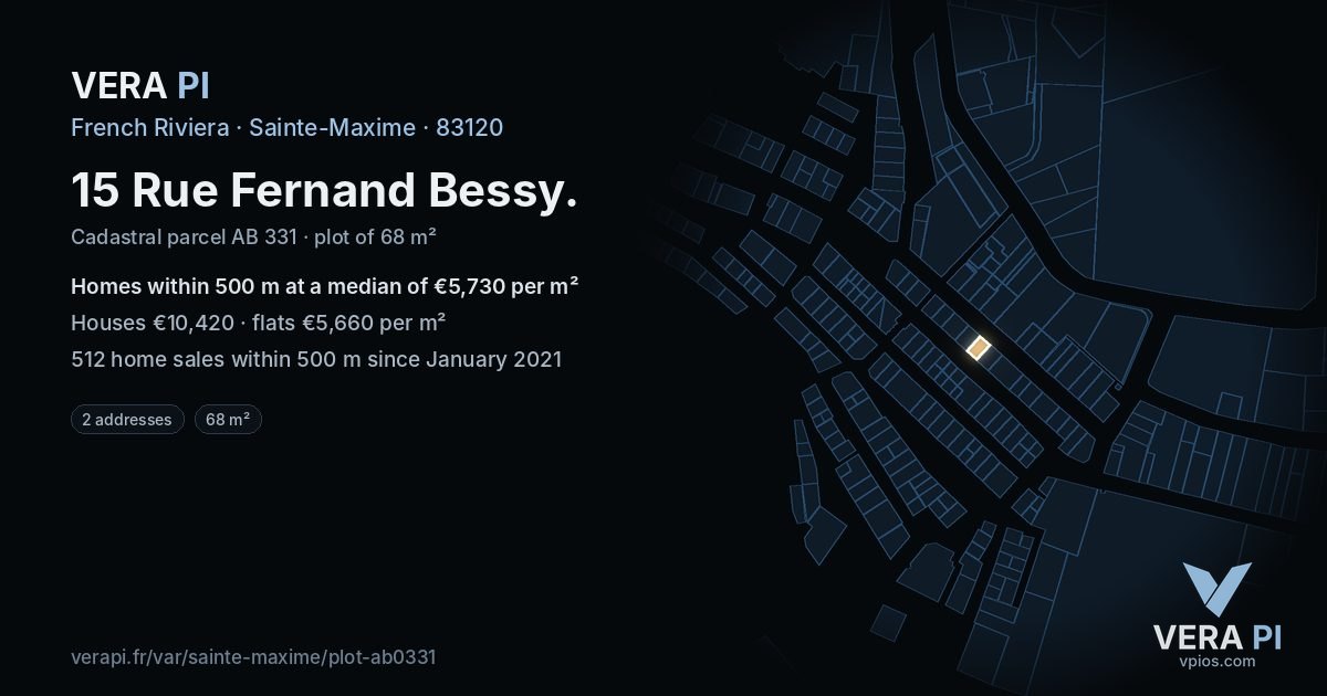15 Rue Fernand Bessy, Sainte-Maxime at night – the plot lit, the parcels around coloured by the prices near them