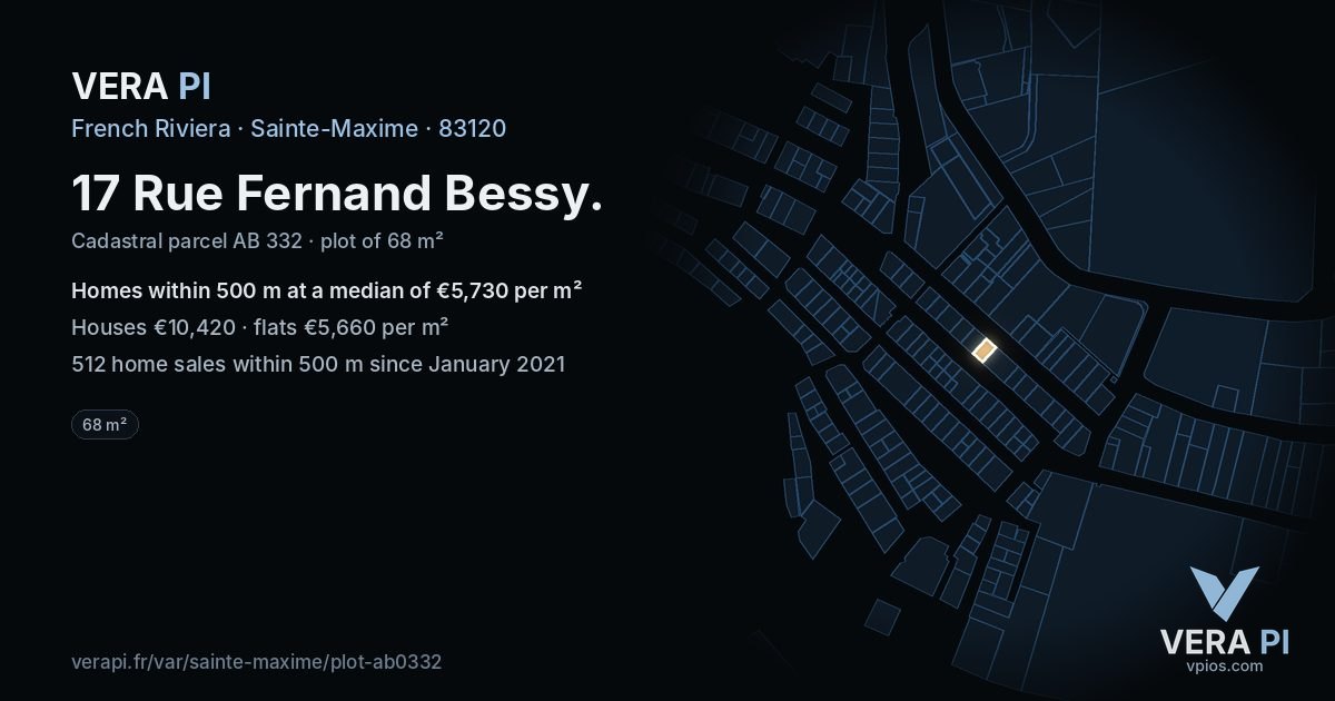 17 Rue Fernand Bessy, Sainte-Maxime at night – the plot lit, the parcels around coloured by the prices near them