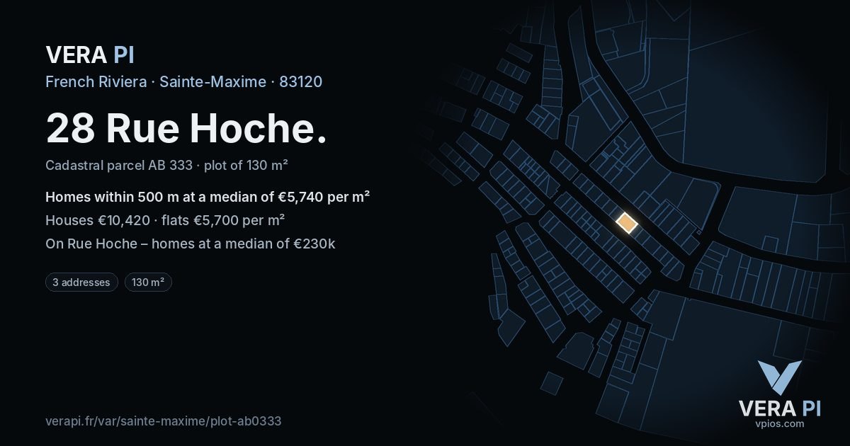 28 Rue Hoche, Sainte-Maxime at night – the plot lit, the parcels around coloured by the prices near them
