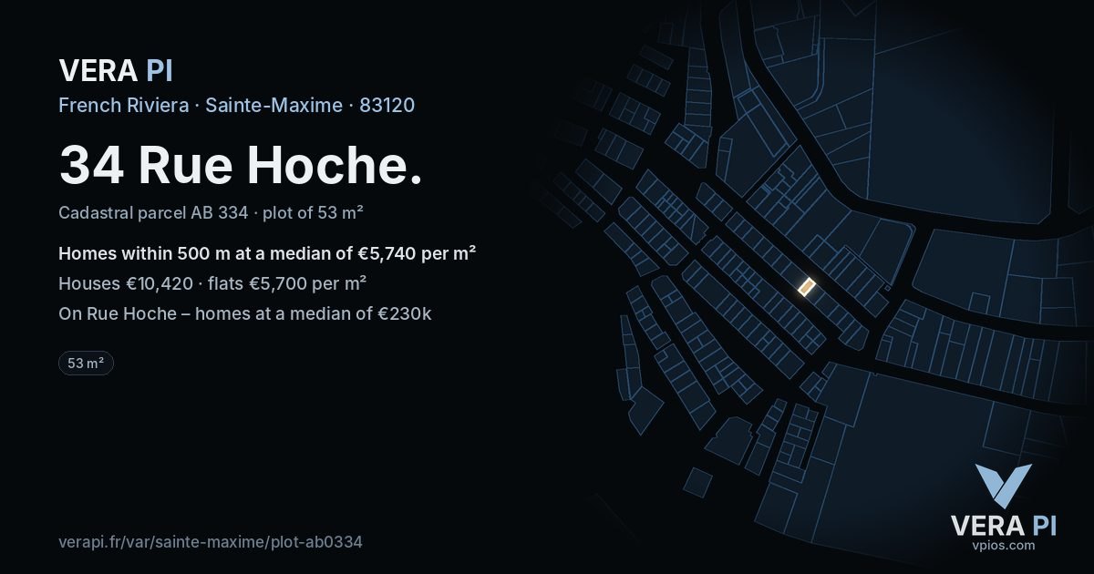 34 Rue Hoche, Sainte-Maxime at night – the plot lit, the parcels around coloured by the prices near them
