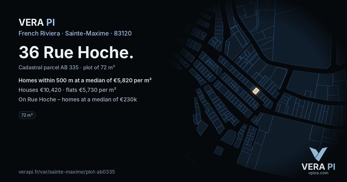 36 Rue Hoche, Sainte-Maxime at night – the plot lit, the parcels around coloured by the prices near them