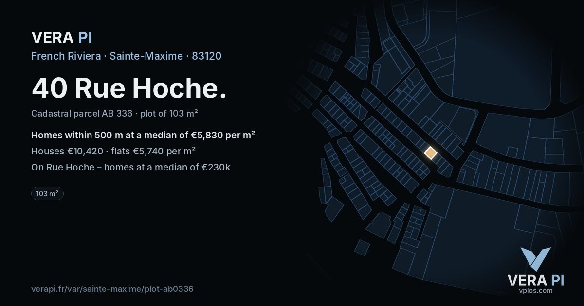 40 Rue Hoche, Sainte-Maxime at night – the plot lit, the parcels around coloured by the prices near them