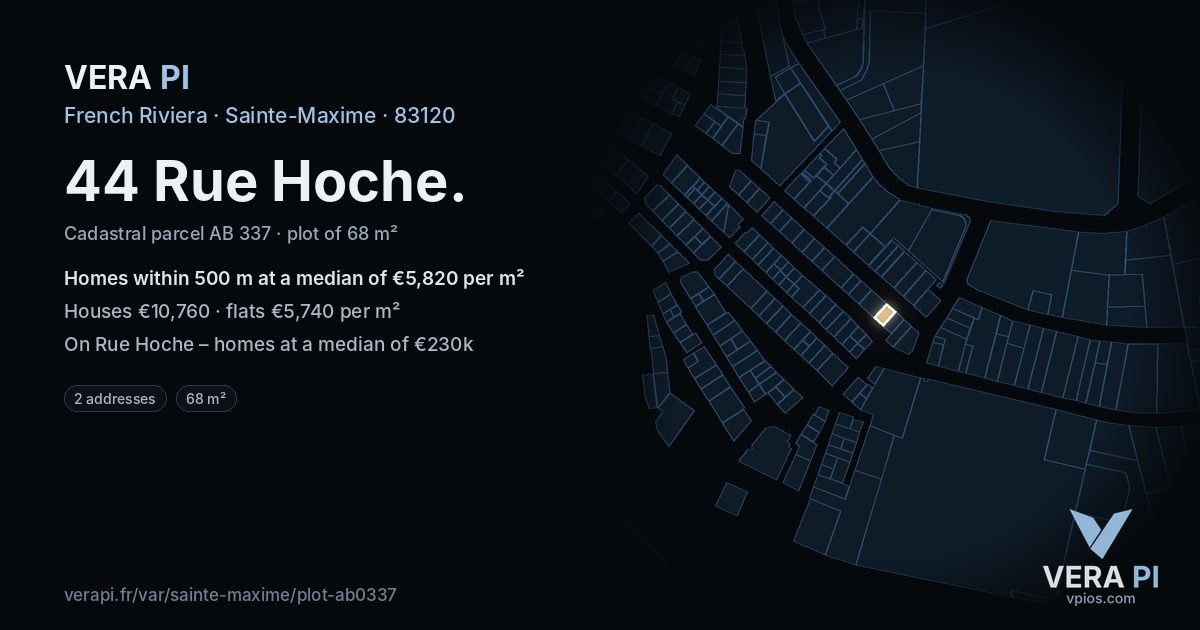 44 Rue Hoche, Sainte-Maxime at night – the plot lit, the parcels around coloured by the prices near them