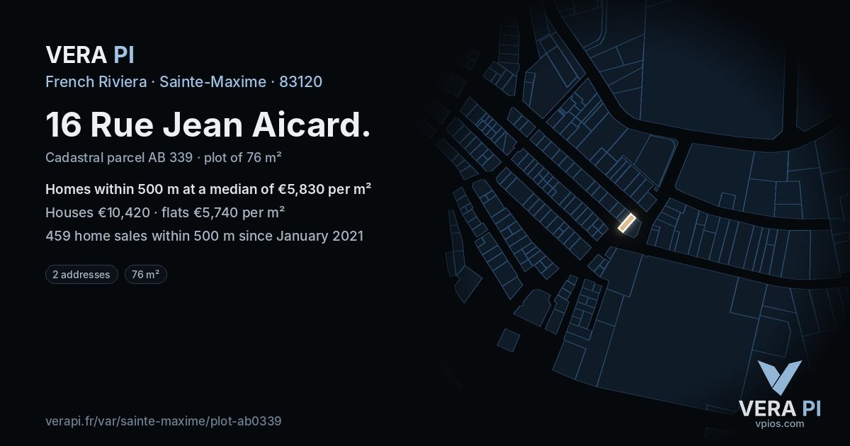 16 Rue Jean Aicard, Sainte-Maxime at night – the plot lit, the parcels around coloured by the prices near them