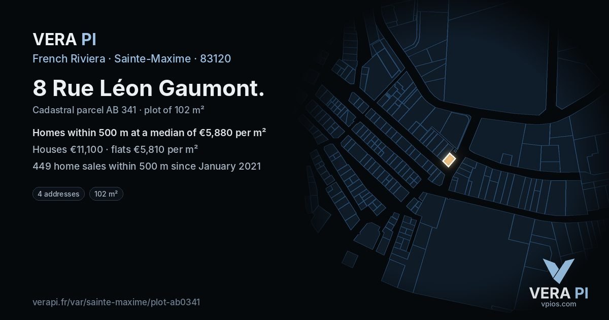8 Rue Léon Gaumont, Sainte-Maxime at night – the plot lit, the parcels around coloured by the prices near them