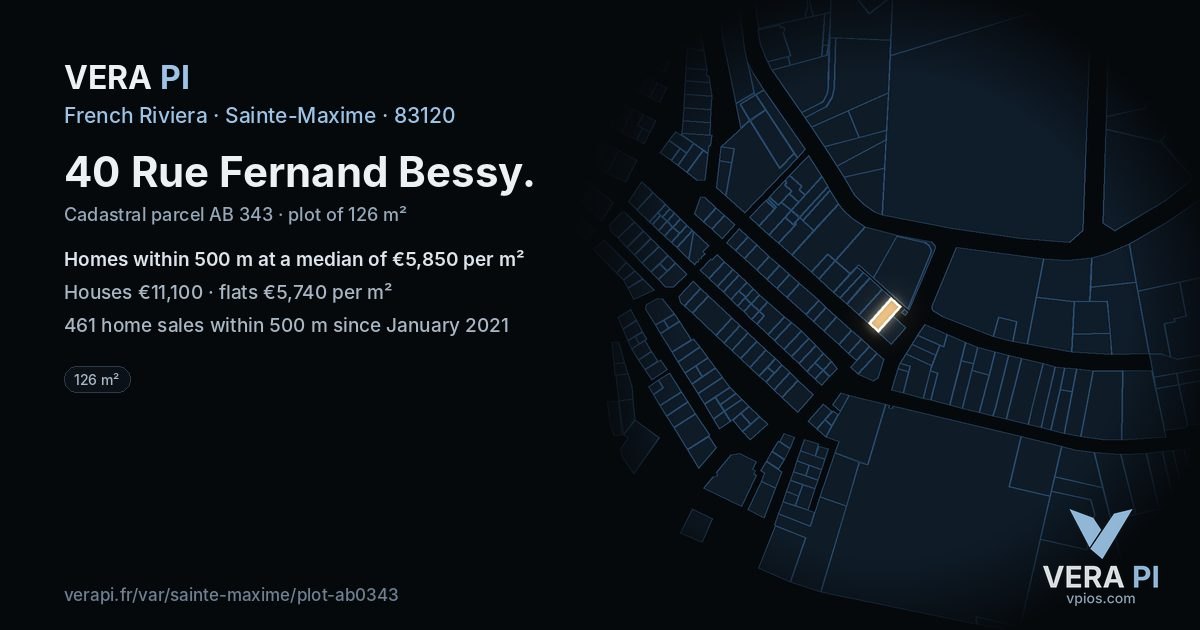 40 Rue Fernand Bessy, Sainte-Maxime at night – the plot lit, the parcels around coloured by the prices near them