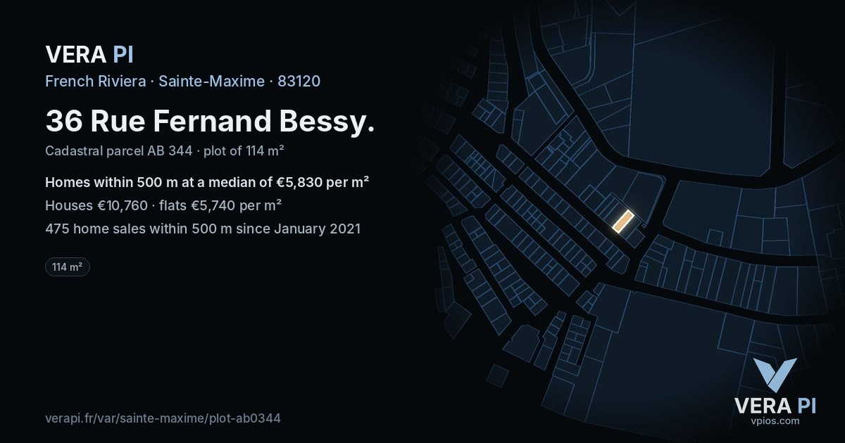 36 Rue Fernand Bessy, Sainte-Maxime at night – the plot lit, the parcels around coloured by the prices near them