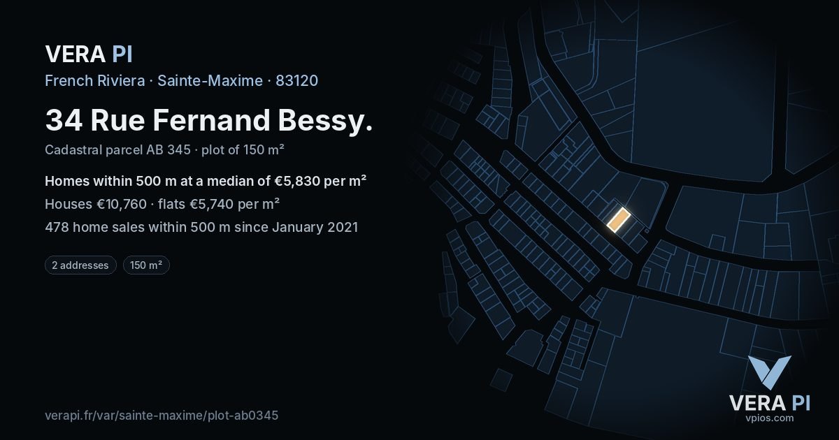 34 Rue Fernand Bessy, Sainte-Maxime at night – the plot lit, the parcels around coloured by the prices near them