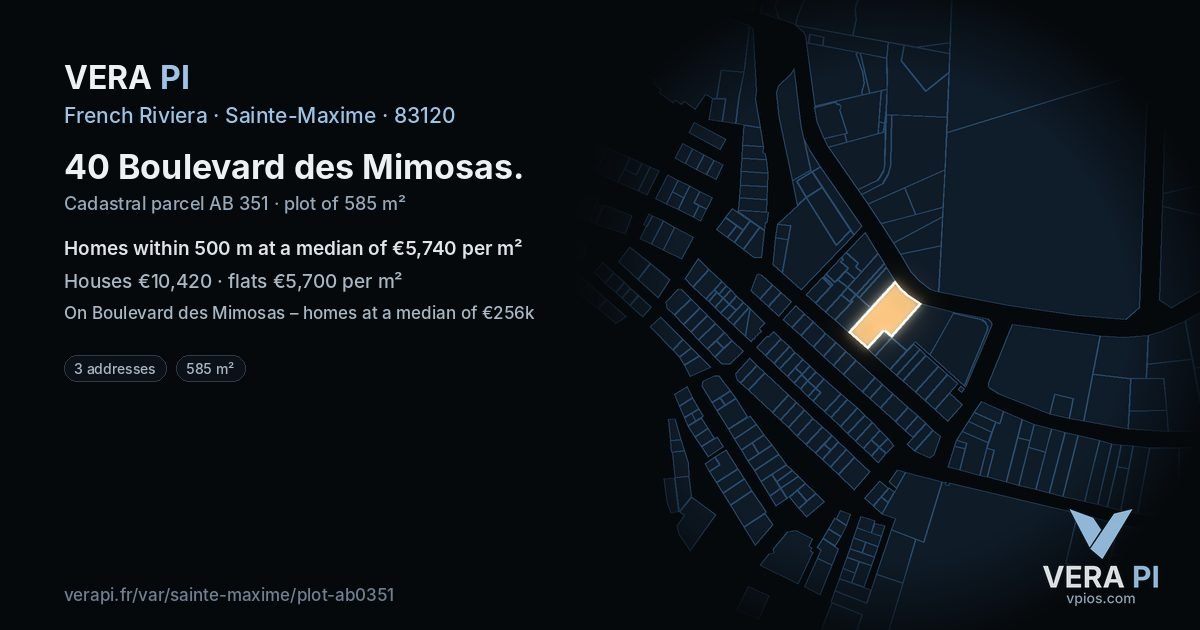40 Boulevard des Mimosas, Sainte-Maxime at night – the plot lit, the parcels around coloured by the prices near them