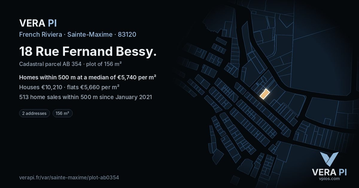 18 Rue Fernand Bessy, Sainte-Maxime at night – the plot lit, the parcels around coloured by the prices near them