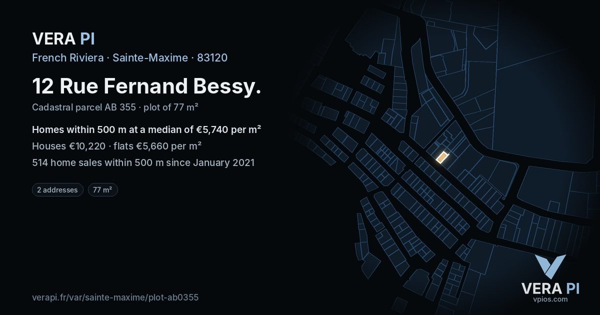 12 Rue Fernand Bessy, Sainte-Maxime at night – the plot lit, the parcels around coloured by the prices near them