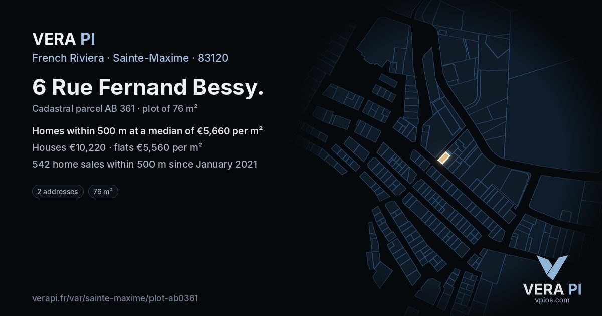 6 Rue Fernand Bessy, Sainte-Maxime at night – the plot lit, the parcels around coloured by the prices near them