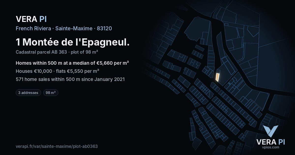 1 Montée de l'Epagneul, Sainte-Maxime at night – the plot lit, the parcels around coloured by the prices near them
