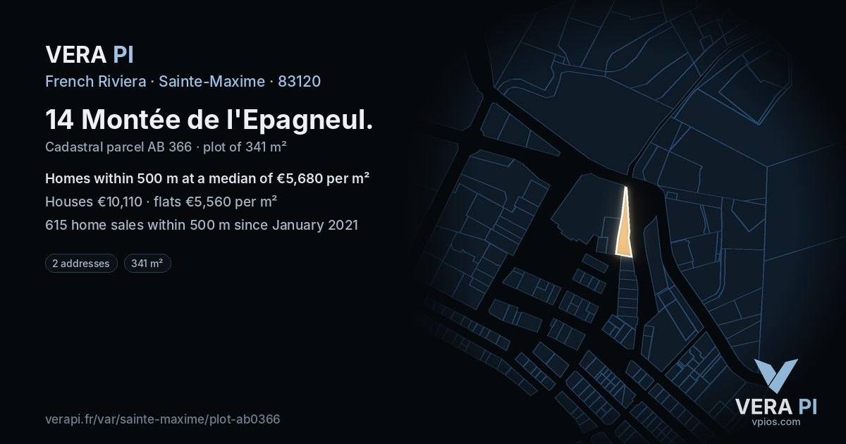 14 Montée de l'Epagneul, Sainte-Maxime at night – the plot lit, the parcels around coloured by the prices near them